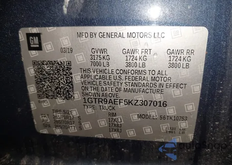 2019 GMC Sierra 1500 из США, поврежденный, VIN 1GTR9AEF5KZ307016